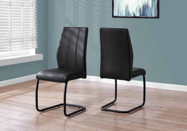 Dining Chair, Set Of 2, Side, Upholstered, Kitchen, Dining Room, 39″ Height, Black Leather Look, Black Metal, Contemporary, Modern