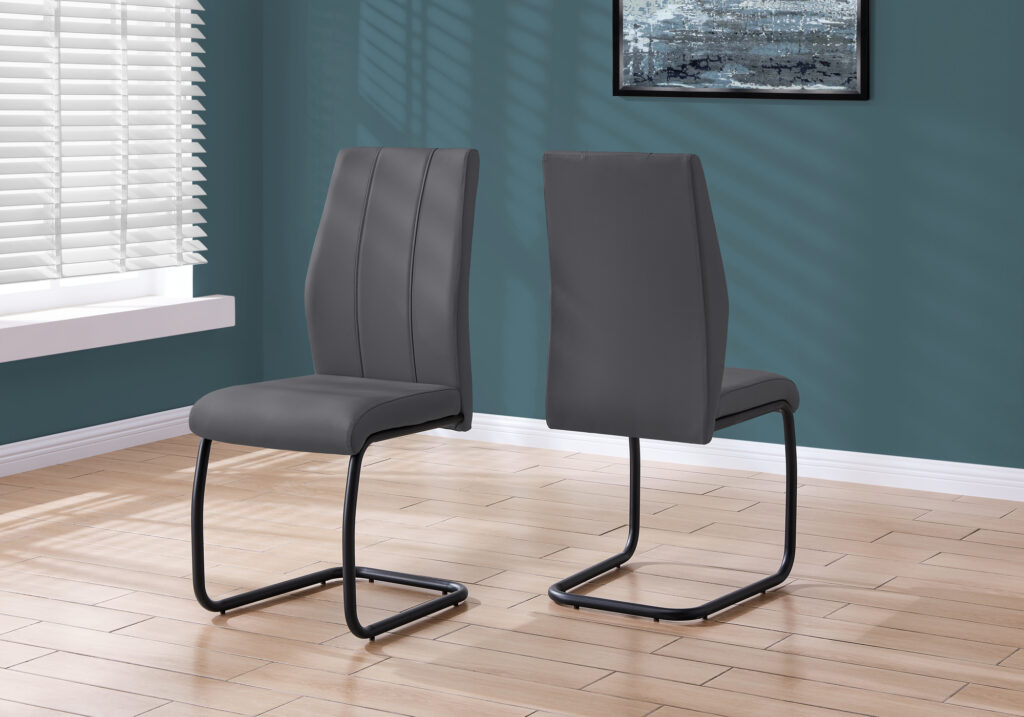 Dining Chair, Set Of 2, Side, Upholstered, Kitchen, Dining Room, 39″ Height, Grey Leather Look, Black Metal, Contemporary, Modern