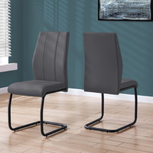 Dining Chair, Set Of 2, Side, Upholstered, Kitchen, Dining Room, 39" Height, Grey Leather Look, Black Metal, Contemporary, Modern