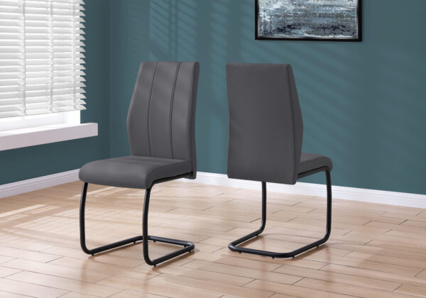 Dining Chair, Set Of 2, Side, Upholstered, Kitchen, Dining Room, 39″ Height, Grey Leather Look, Black Metal, Contemporary, Modern