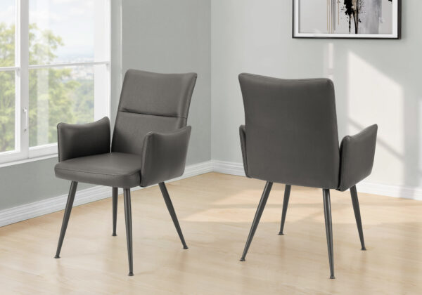 Dining Chair, 36″ Height, Set Of 2, Upholstered, Side, Dining Room, Kitchen, Grey Leather Look, Black Metal, Contemporary, Modern