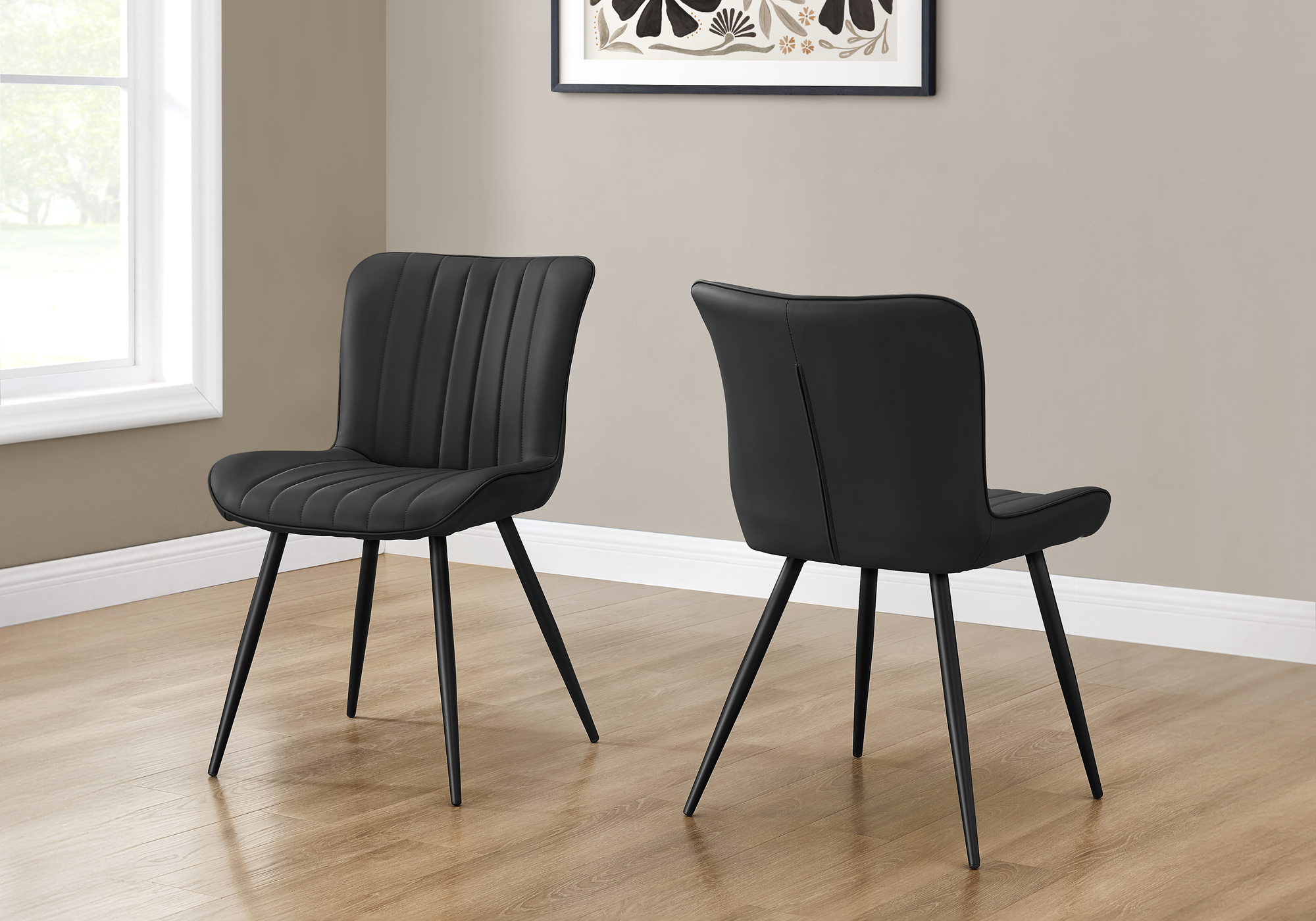 Dining Chair, 33″ Height, Dining Room, Kitchen, Upholstered, Side, Set Of 2, Black Leather Look, Black Metal, Contemporary