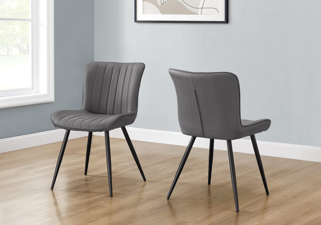 Dining Chair, 33″ Height, Dining Room, Kitchen, Upholstered, Side, Set Of 2, Grey Leather Look, Black Metal, Contemporary, Modern