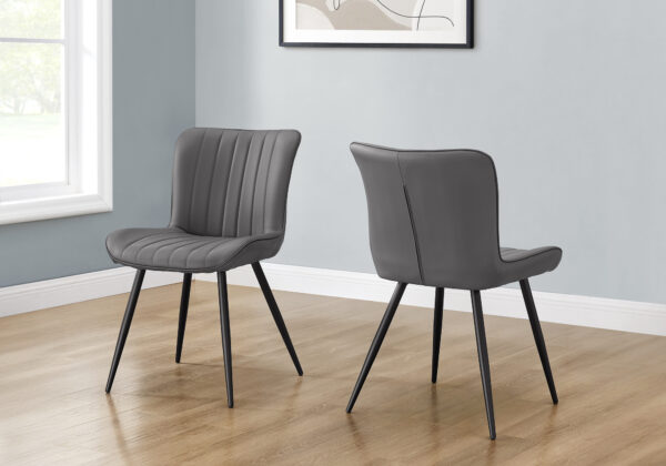 Dining Chair, 33″ Height, Dining Room, Kitchen, Upholstered, Side, Set Of 2, Grey Leather Look, Black Metal, Contemporary, Modern