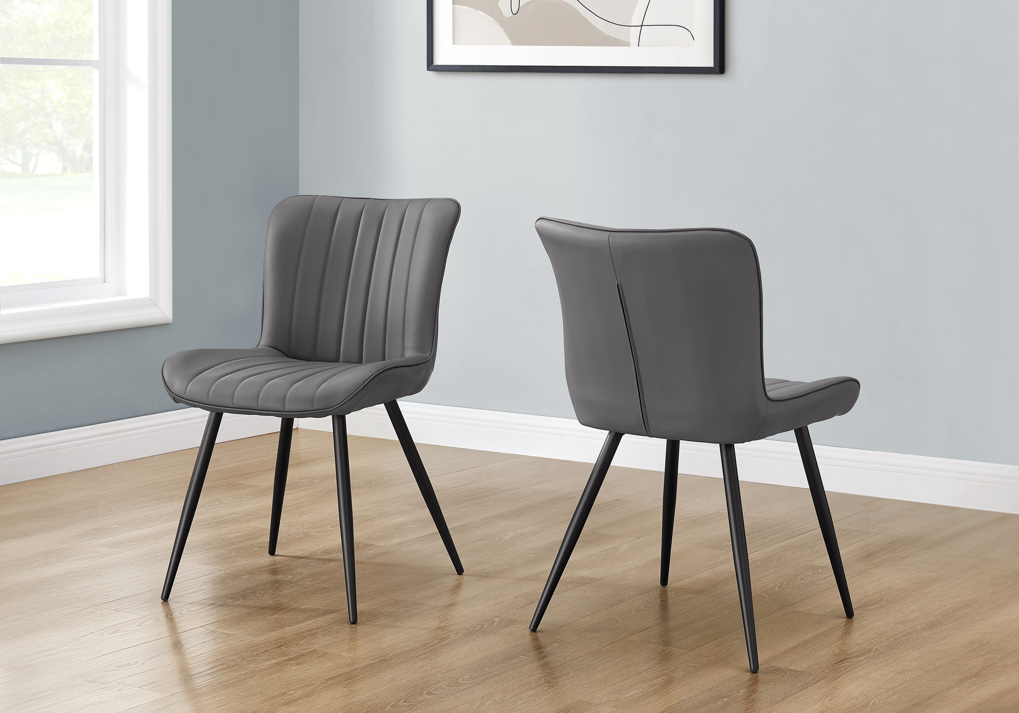 Dining Chair, 33″ Height, Dining Room, Kitchen, Upholstered, Side, Set Of 2, Grey Leather Look, Black Metal, Contemporary, Modern