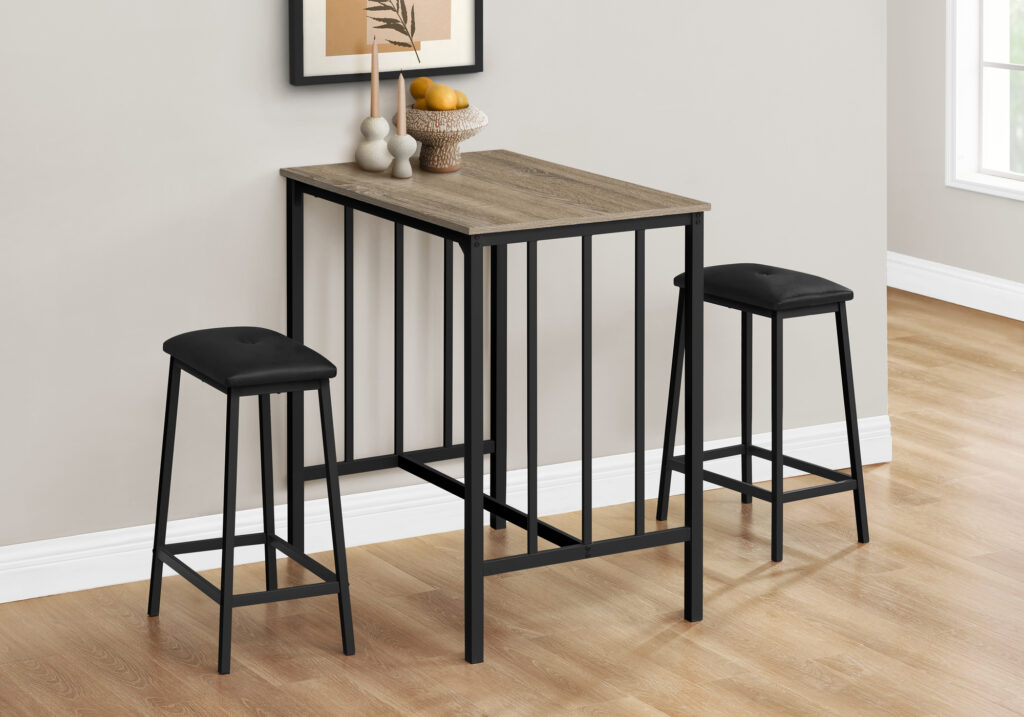 Dining Set, 3pcs Set, Counter Height, 36″ Rectangular, Small, Kitchen, Brown Laminate, Black Metal, Contemporary