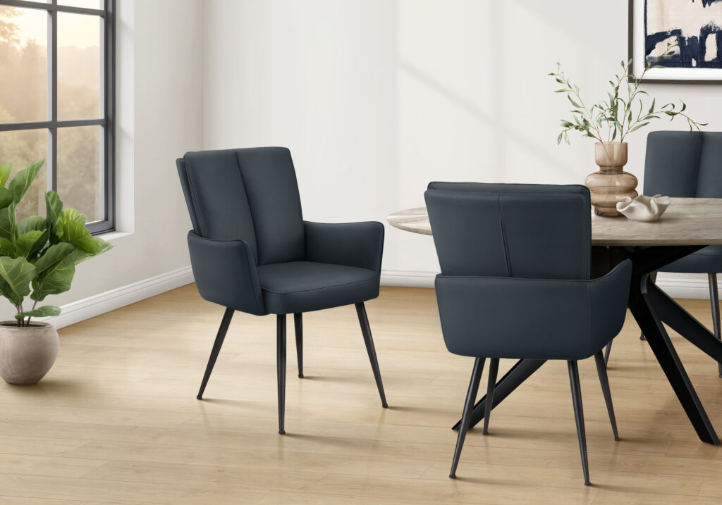 Dining Chair, 36″ Height, Set Of 2, Upholstered, Side, Dining Room, Kitchen, Blue Leather Look, Black Metal, Contemporary, Modern