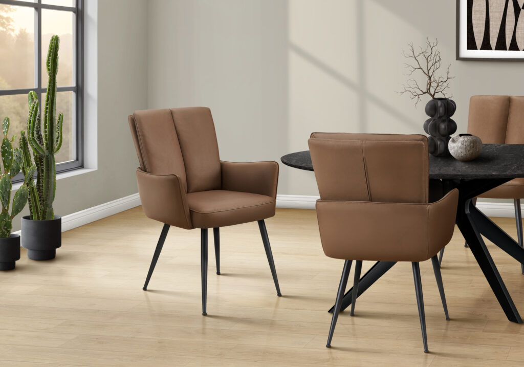 Dining Chair, 36″ Height, Set Of 2, Upholstered, Side, Dining Room, Kitchen, Brown Leather Look, Black Metal, Contemporary, Modern