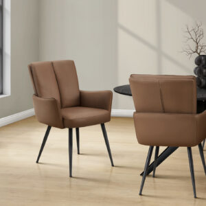 Dining Chair, 36" Height, Set Of 2, Upholstered, Side, Dining Room, Kitchen, Brown Leather Look, Black Metal, Contemporary, Modern