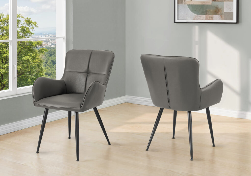 Dining Chair, 33″ Height, Set Of 2, Upholstered, Side, Dining Room, Kitchen, Grey Leather Look, Black Metal, Contemporary, Modern
