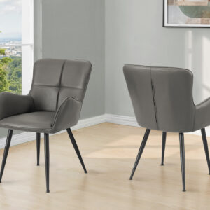 Dining Chair, 33" Height, Set Of 2, Upholstered, Side, Dining Room, Kitchen, Grey Leather Look, Black Metal, Contemporary, Modern