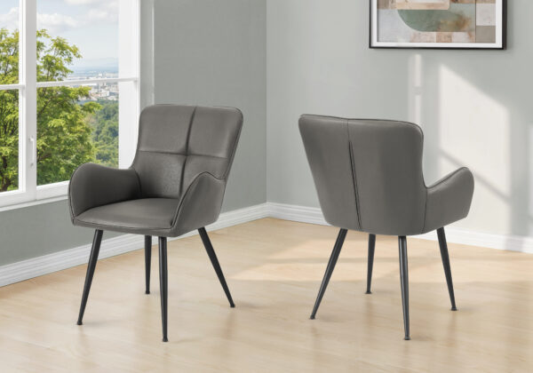 Dining Chair, 33″ Height, Set Of 2, Upholstered, Side, Dining Room, Kitchen, Grey Leather Look, Black Metal, Contemporary, Modern