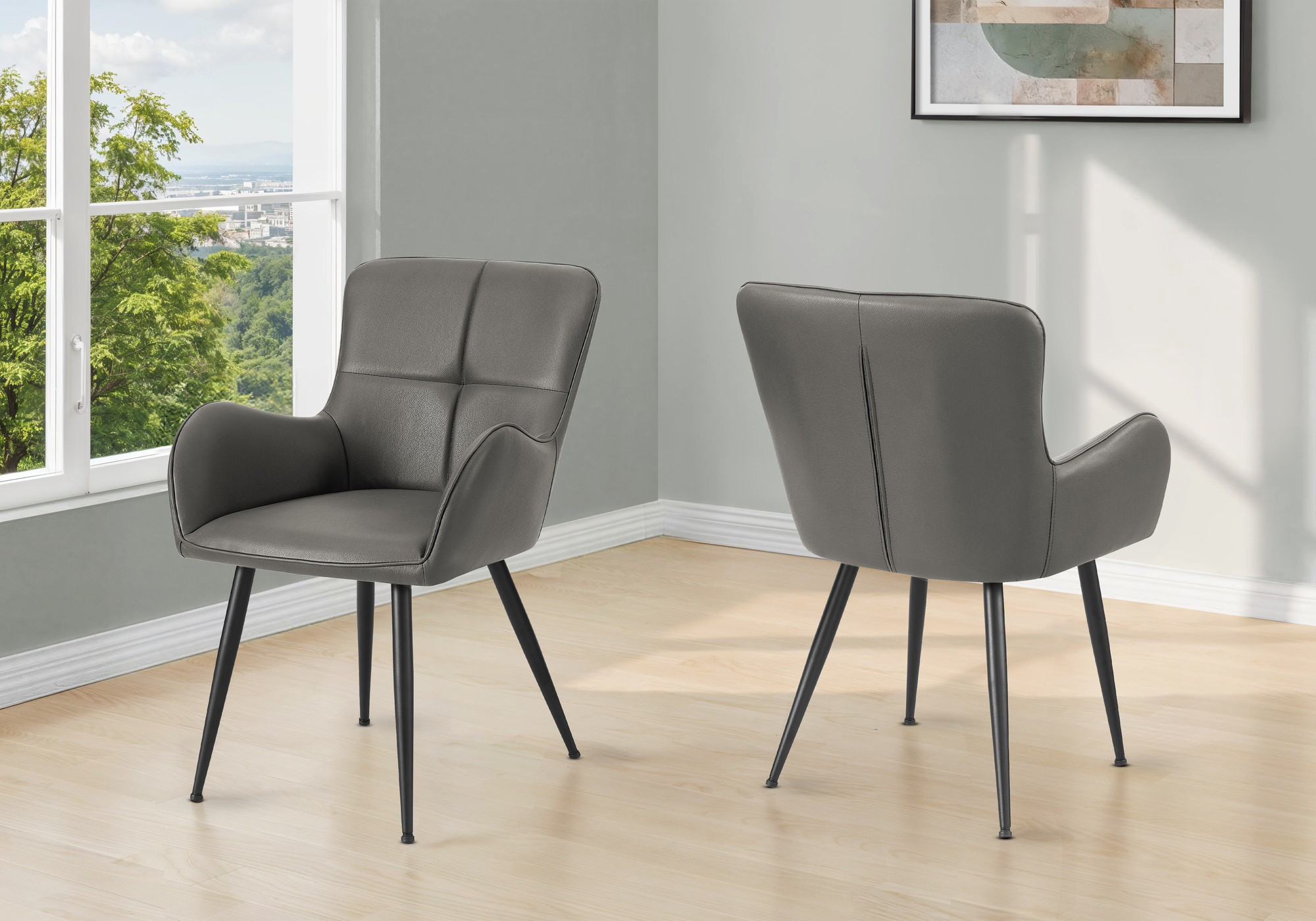 Dining Chair, 33″ Height, Set Of 2, Upholstered, Side, Dining Room, Kitchen, Grey Leather Look, Black Metal, Contemporary, Modern