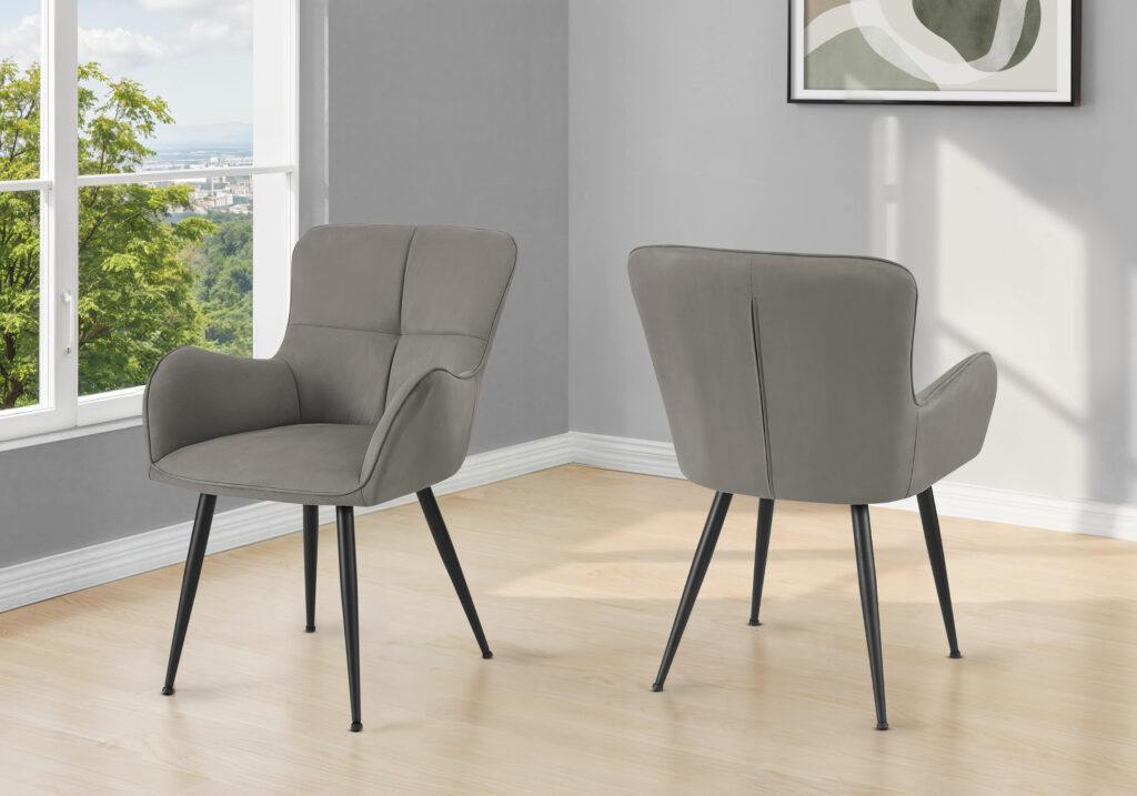 Dining Chair, 33″ Height, Set Of 2, Upholstered, Side, Dining Room, Kitchen, Grey Suede Look, Black Metal, Contemporary, Modern