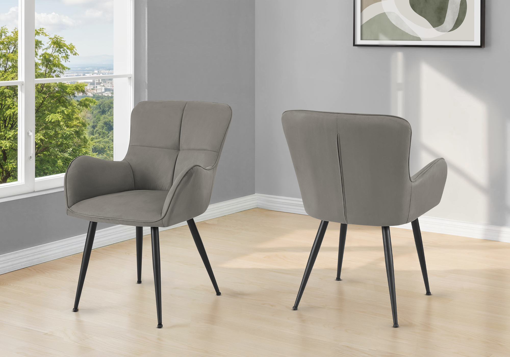 Dining Chair, 33″ Height, Set Of 2, Upholstered, Side, Dining Room, Kitchen, Grey Suede Look, Black Metal, Contemporary, Modern