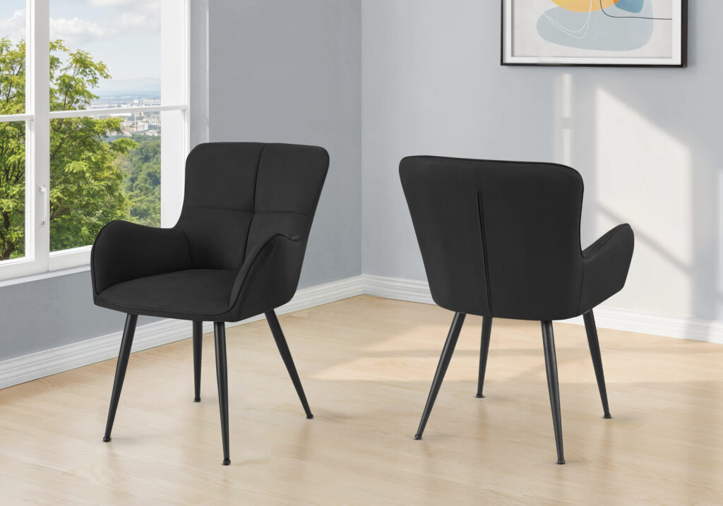 Dining Chair, 33″ Height, Set Of 2, Upholstered, Side, Dining Room, Kitchen, Black Suede Look, Black Metal, Contemporary, Modern