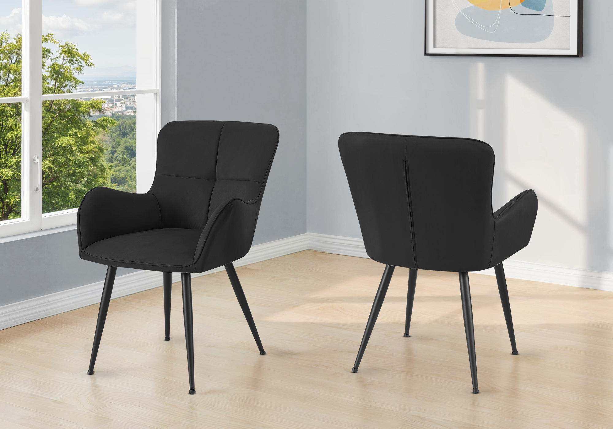 Dining Chair, 33″ Height, Set Of 2, Upholstered, Side, Dining Room, Kitchen, Black Suede Look, Black Metal, Contemporary, Modern