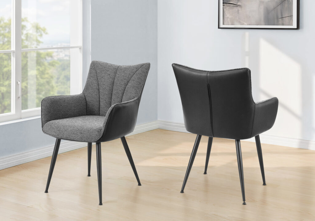 Dining Chair, 35″ Height, Set Of 2, Upholstered, Side, Dining Room, Kitchen, Dark Grey Fabric, Black Leather Look, Contemporary