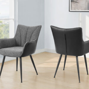 Dining Chair, 35" Height, Set Of 2, Upholstered, Side, Dining Room, Kitchen, Dark Grey Fabric, Black Leather Look, Contemporary