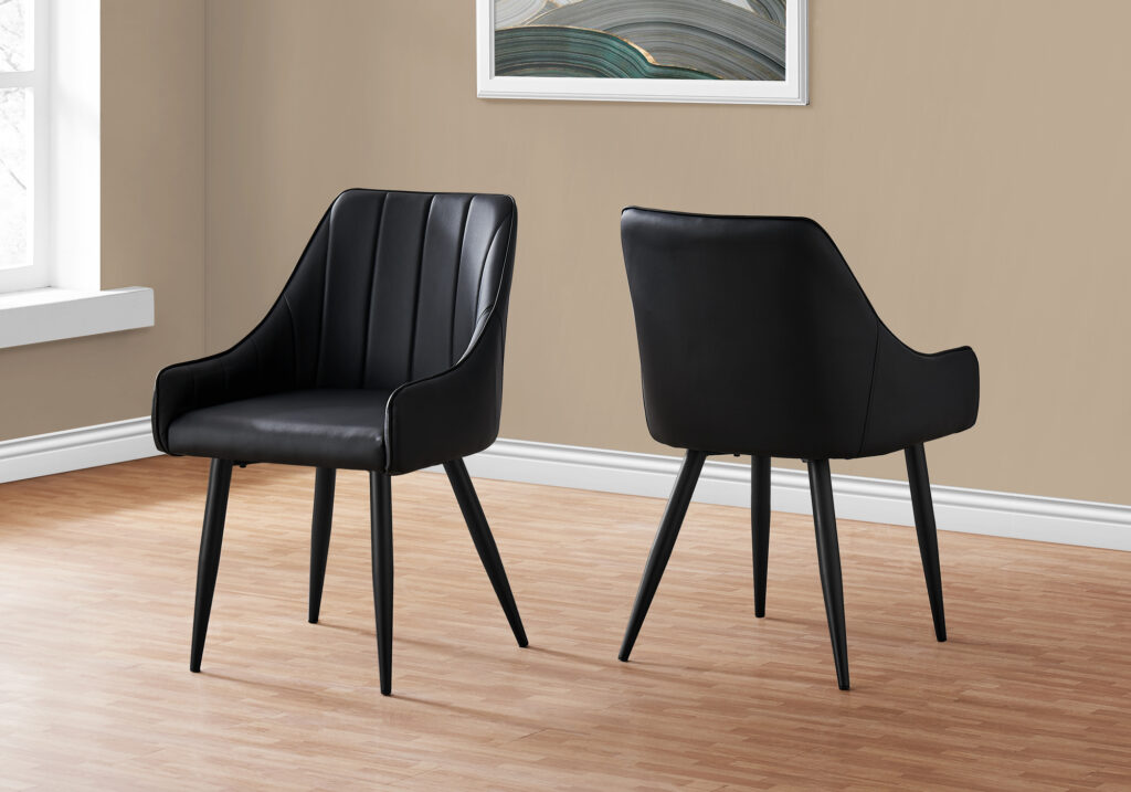 Dining Chair, Set Of 2, Side, Upholstered, Kitchen, Dining Room, Black Leather Look, Black Metal, Contemporary, Modern