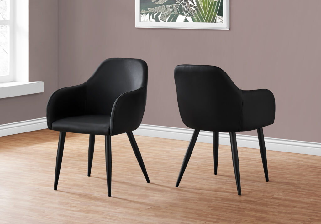Dining Chair, Set Of 2, Side, Upholstered, Kitchen, Dining Room, Black Leather Look, Black Metal, Contemporary, Modern