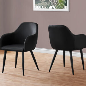 Dining Chair, Set Of 2, Side, Upholstered, Kitchen, Dining Room, Black Leather Look, Black Metal, Contemporary, Modern