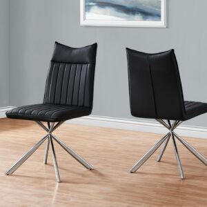 Dining Chair, Set Of 2, Side, Upholstered, Kitchen, Dining Room, Black Leather Look, Chrome Metal, Contemporary, Modern