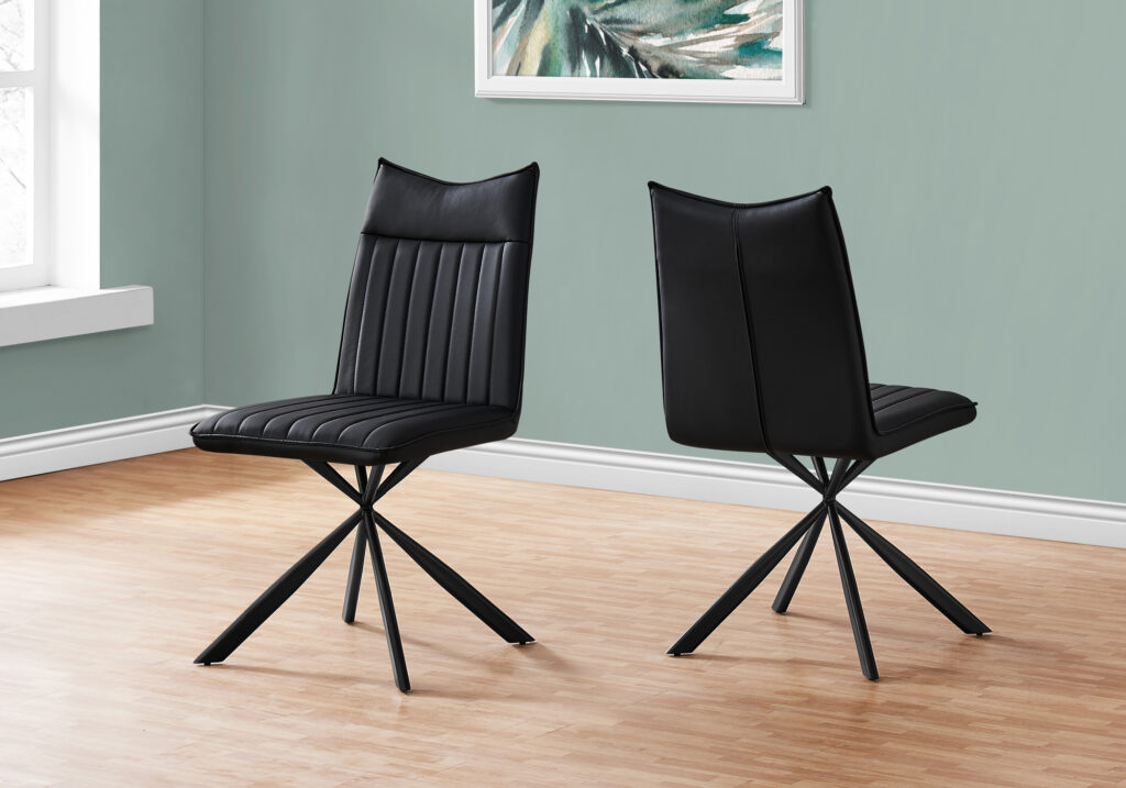 Dining Chair, Set Of 2, Side, Upholstered, Kitchen, Dining Room, Black Leather Look, Black Metal, Contemporary, Modern
