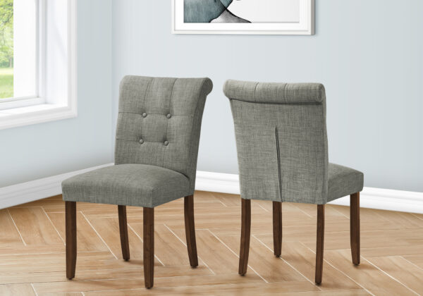 Dining Chair, 38″ Height, Set Of 2, Upholstered, Dining Room, Side, Kitchen, Grey Fabric, Walnut Wood Legs, Modern