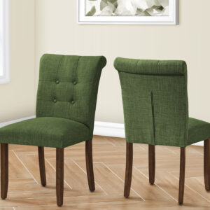 Dining Chair, 38" Height, Set Of 2, Upholstered, Dining Room, Side, Kitchen, Green Fabric, Walnut Wood Legs, Modern