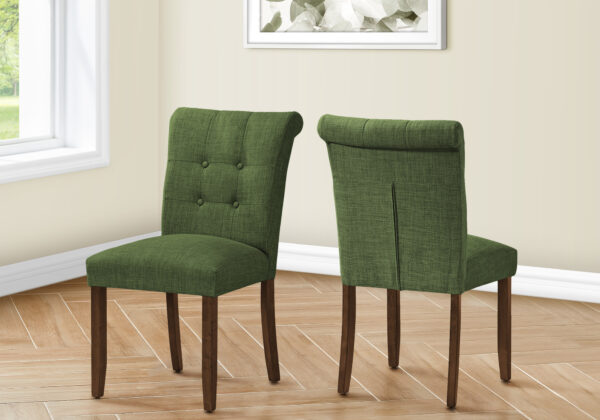 Dining Chair, 38″ Height, Set Of 2, Upholstered, Dining Room, Side, Kitchen, Green Fabric, Walnut Wood Legs, Modern