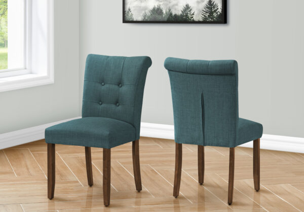 Dining Chair, 38″ Height, Set Of 2, Upholstered, Dining Room, Side, Kitchen, Blue Fabric, Walnut Wood Legs, Modern