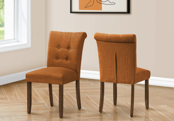 Dining Chair, 38″ Height, Set Of 2, Upholstered, Dining Room, Side, Kitchen, Orange Fabric, Walnut Wood Legs, Modern