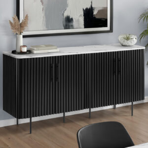 Cabinet, 66" Wide, Sideboard, Buffet, Dining Room, White Faux Marble, Black Laminate, Contemporary, Modern