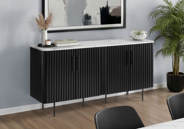 Cabinet, 66″ Wide, Sideboard, Buffet, Dining Room, White Faux Marble, Black Laminate, Contemporary, Modern