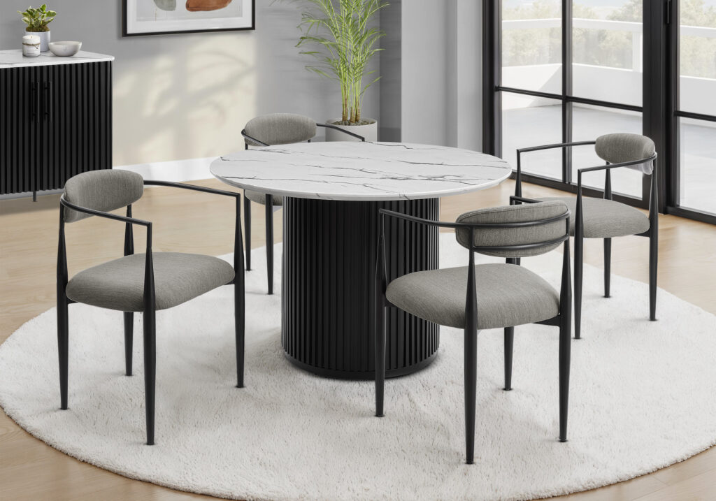 Dining Table, 48″ Round, Laminate Top, Dining Room, Kitchen, White Faux Marble, Black Laminate, Contemporary, Modern