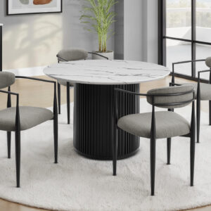 Dining Table, 48" Round, Laminate Top, Dining Room, Kitchen, White Faux Marble, Black Laminate, Contemporary, Modern