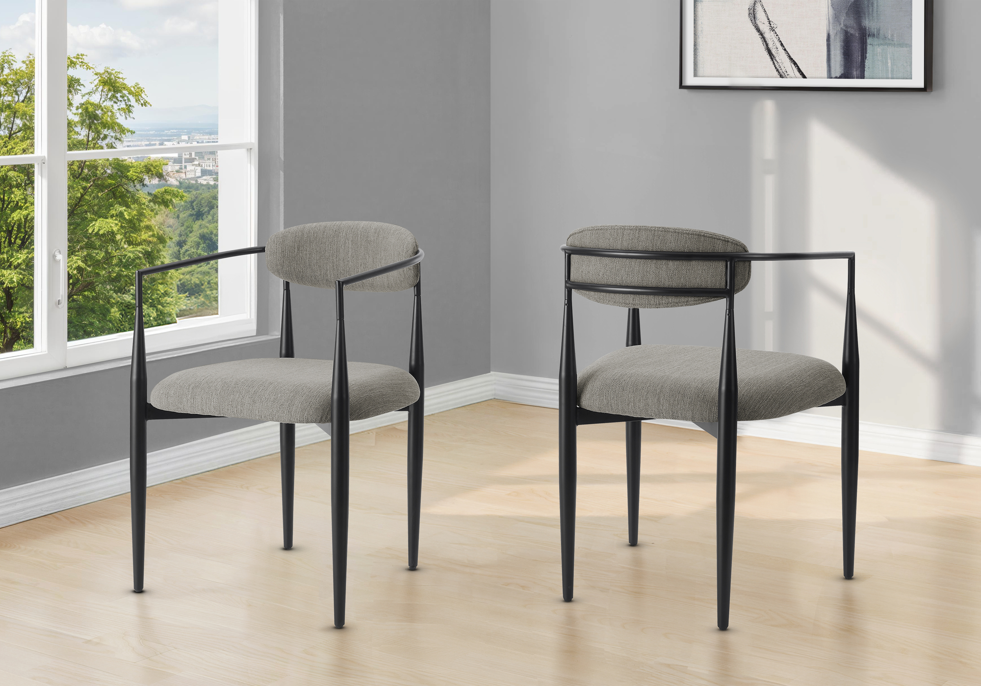 Dining Chair, 32″ Height, Set Of 2, Upholstered, Side, Dining Room, Kitchen, Grey Fabric, Black Metal, Contemporary, Modern