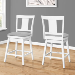Bar Stool, Set Of 2, Swivel, Counter Height, Kitchen, White Wood, Grey Leather Look, Transitional