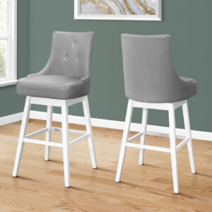 Bar Stool, Set Of 2, Swivel, Bar Height, White Wood, Grey Leather Look, Transitional