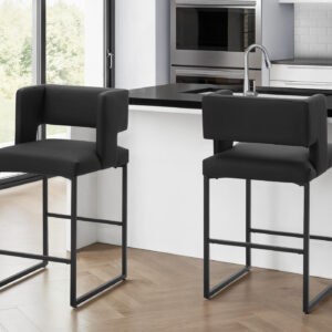 Barstool, Counter Height, Set Of 2, Kitchen, Black Leather Look, Black Metal, Contemporary, Modern