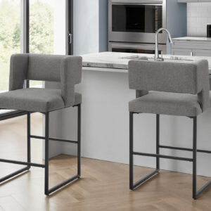Barstool, Counter Height, Set Of 2, Kitchen, Grey Fabric, Black Metal, Contemporary, Modern