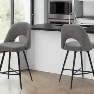 Barstool, 39" Height, Set Of 2, Counter Height, Swivel, Kitchen, Grey Fabric, Black Metal, Contemporary, Modern