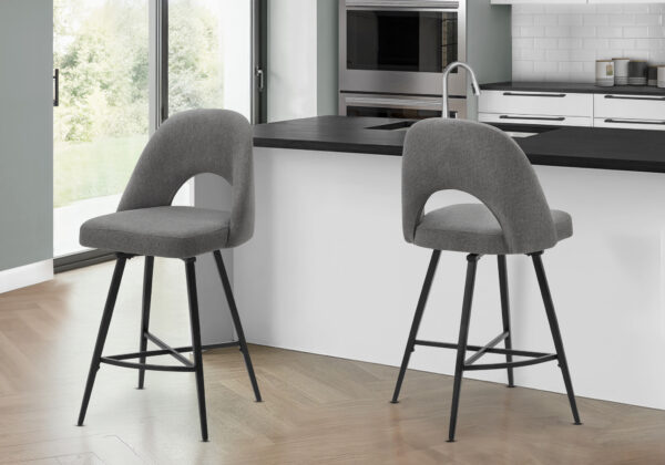 Barstool, 39″ Height, Set Of 2, Counter Height, Swivel, Kitchen, Grey Fabric, Black Metal, Contemporary, Modern