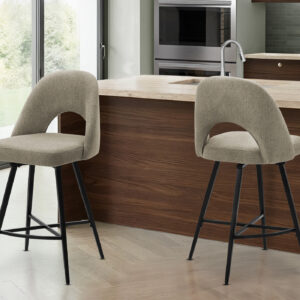 Barstool, 39" Height, Set Of 2, Counter Height, Swivel, Kitchen, Beige Fabric, Black Metal, Contemporary, Modern