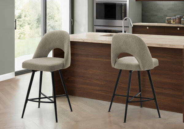 Barstool, 39″ Height, Set Of 2, Counter Height, Swivel, Kitchen, Beige Fabric, Black Metal, Contemporary, Modern