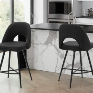 Barstool, 39" Height, Set Of 2, Counter Height, Swivel, Kitchen, Black Leather Look, Black Metal, Contemporary, Modern
