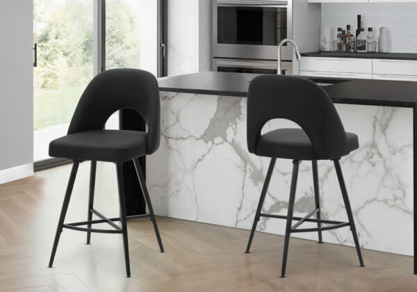 Barstool, 39″ Height, Set Of 2, Counter Height, Swivel, Kitchen, Black Leather Look, Black Metal, Contemporary, Modern
