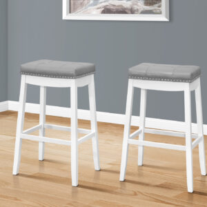 Bar Stool, Set Of 2, Bar Height, Saddle Seat, White Wood, Grey Leather Look, Transitional