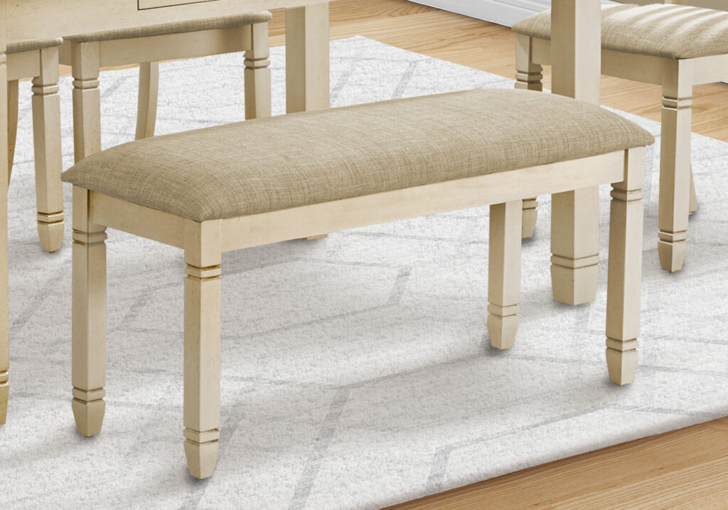 Bench, 41″ Rectangular, Kitchen, Dining Room, Entryway, Bedroom, Upholstered, Wood, Antique White Solid Wood, Beige Linen-look Fabric, Transitional